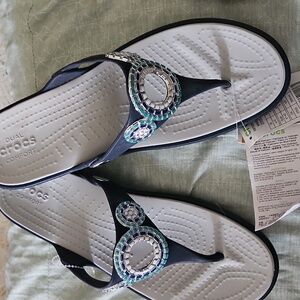 CROCS Women's Navy Sandals with Blue and Silver Embellishments NWT